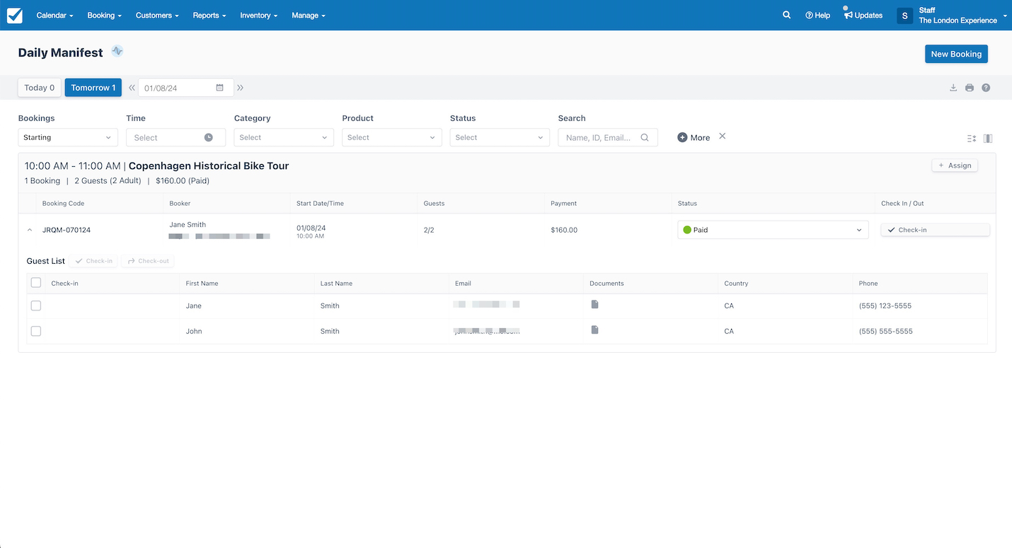 Daily manifest view showing a Copenhagen Historical Bike Tour booking with guest details including names, emails, country, and phone numbers.