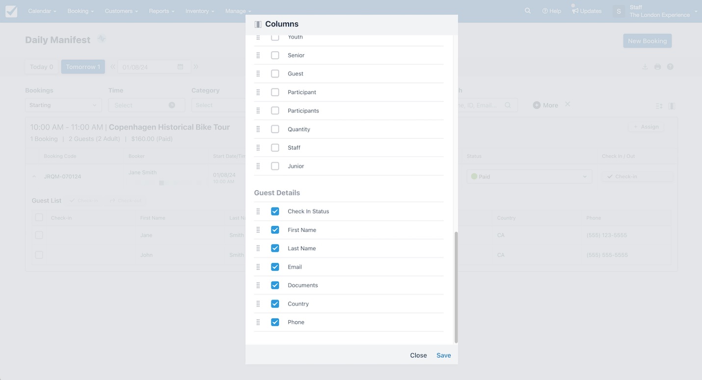 Daily manifest column settings panel with options to select guest detail fields such as check-in status, first name, last name, email, documents, country, and phone.