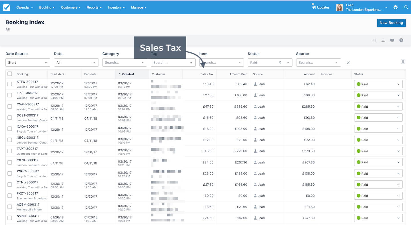Booking index page showing the Sales Tax column highlighted in the table of bookings to illustrate how tax amounts are displayed alongside booking details.
