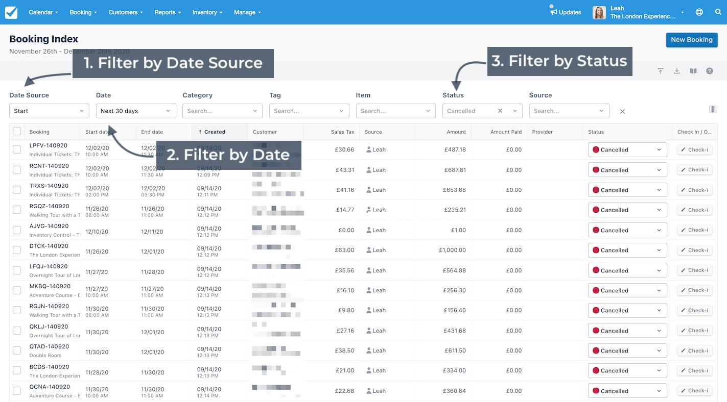 Booking index page with arrows showing how to filter bookings by date source, date range, and status to narrow search results in the table.