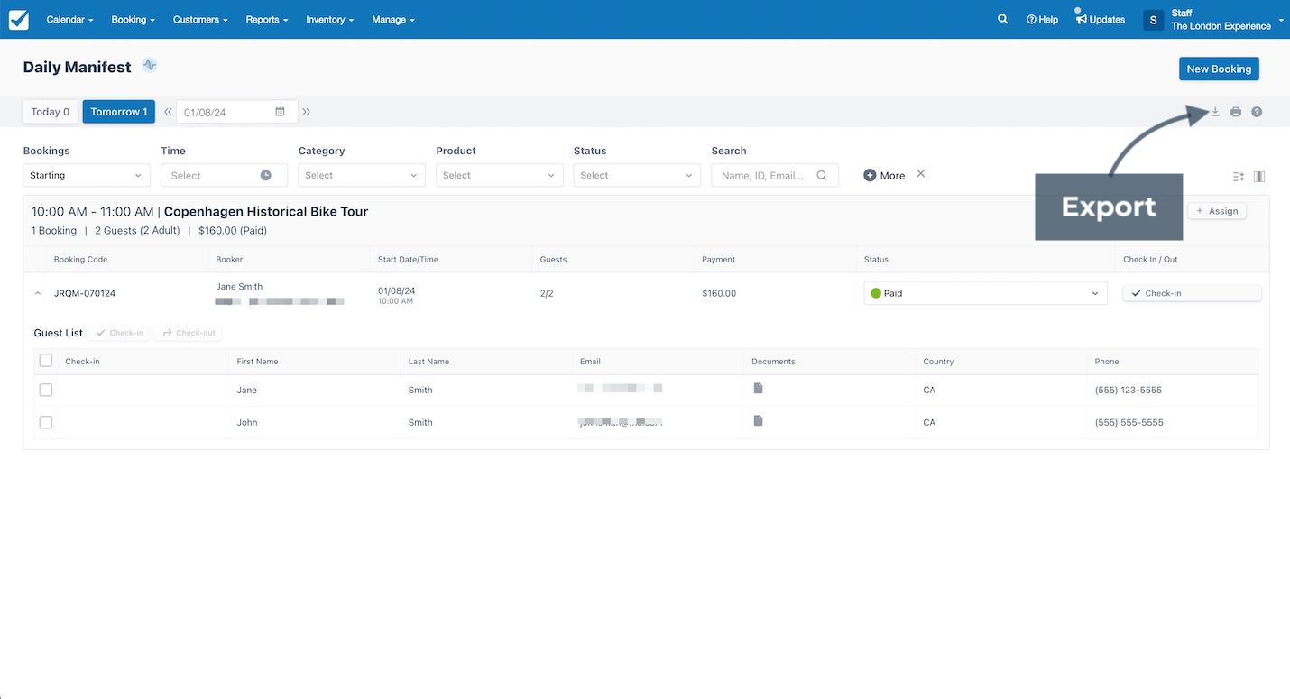 Daily Manifest page highlighting the Export button for downloading booking and guest information.