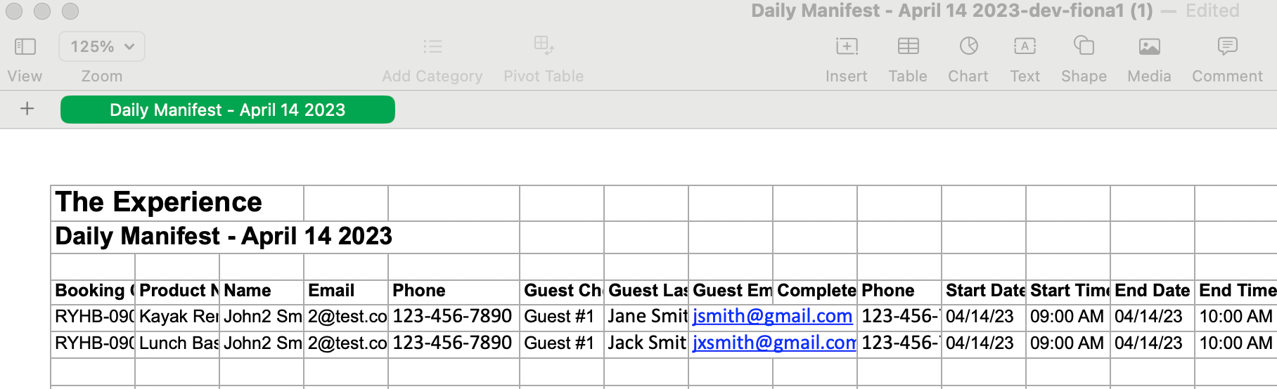 Exported Daily Manifest spreadsheet in Excel showing booking details, product name, guest information, email, phone, and start and end times.