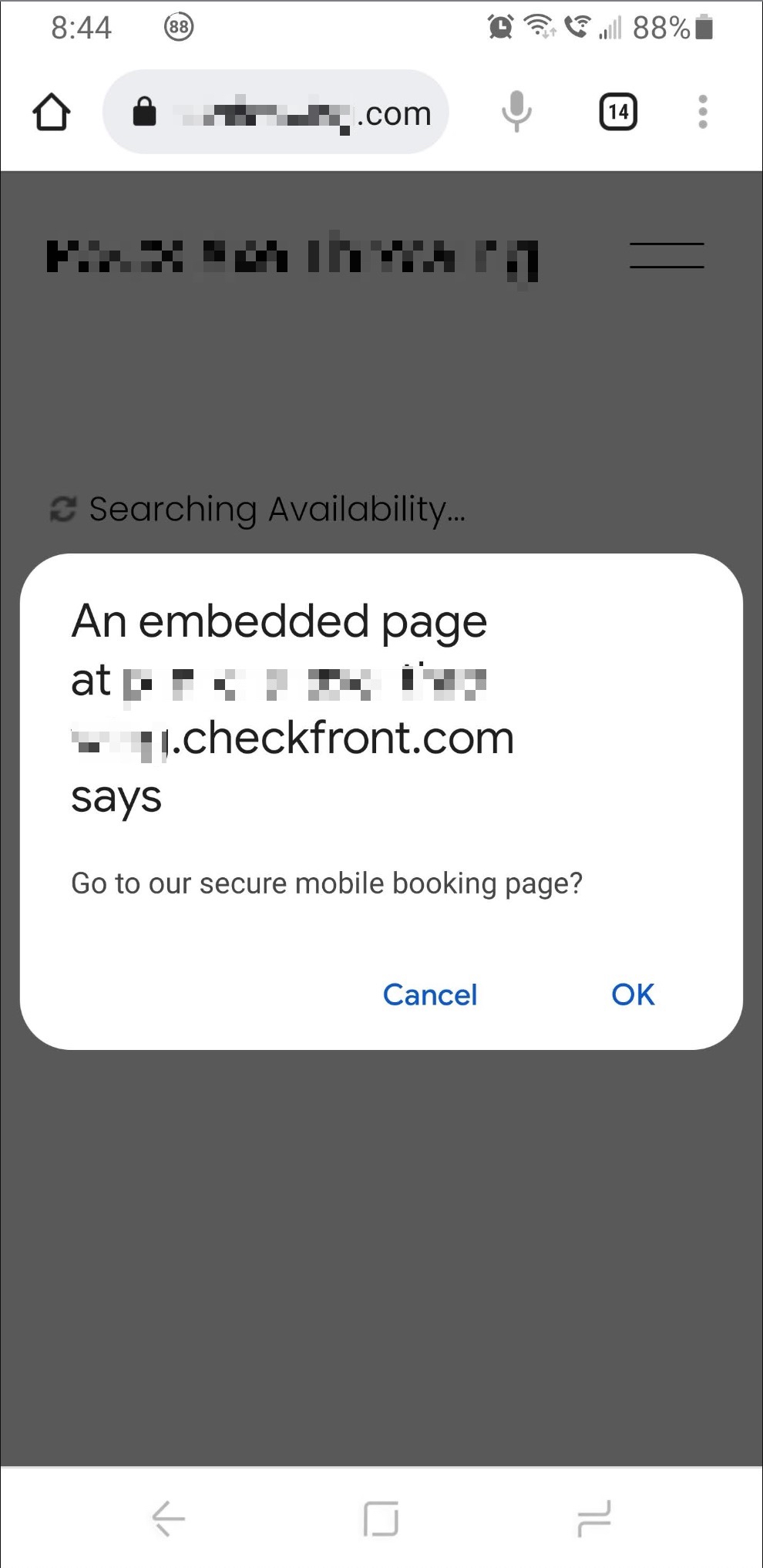 Mobile browser view showing a popup asking users if they want to go to the secure mobile booking page.