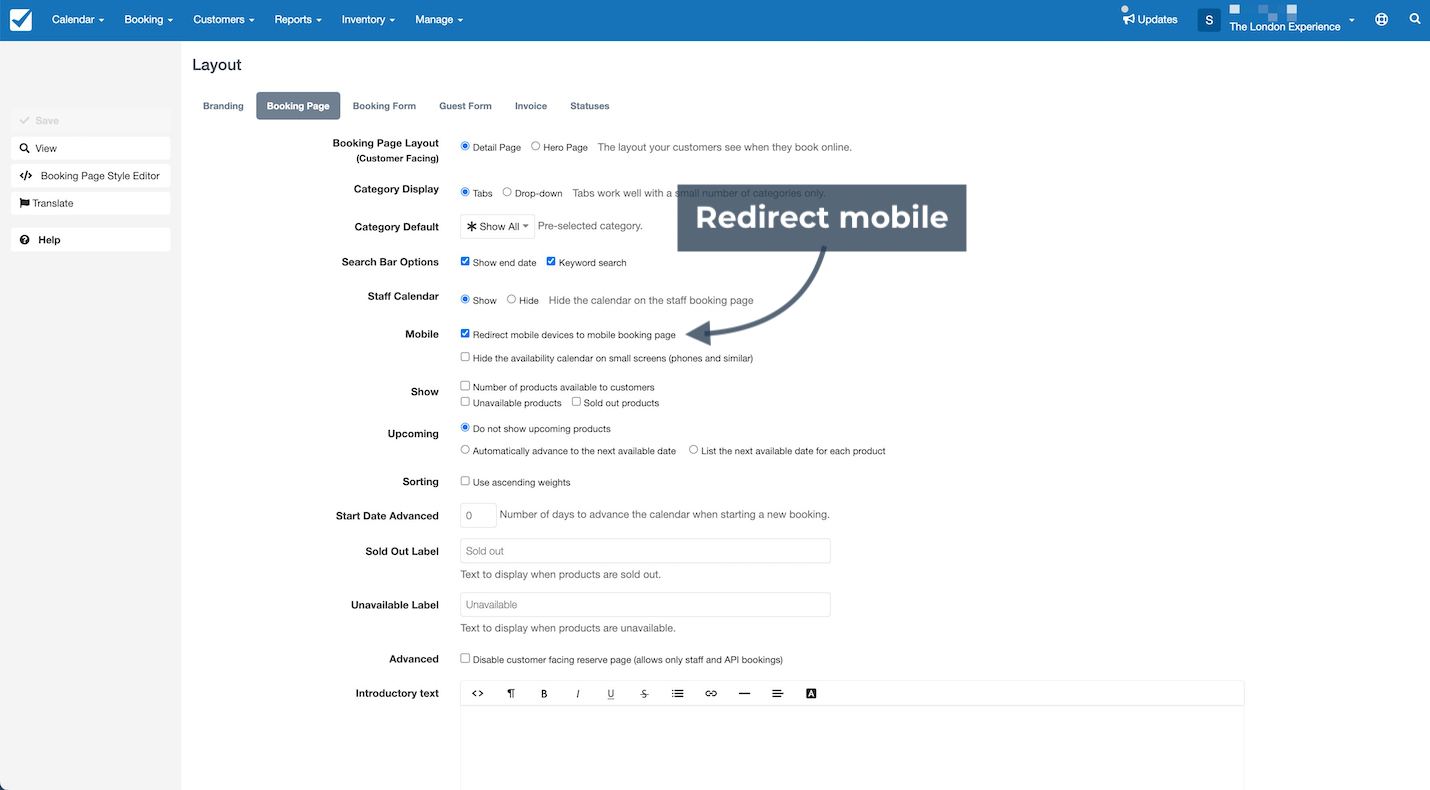 Layout settings page highlighting the option to redirect mobile devices to the mobile booking page.