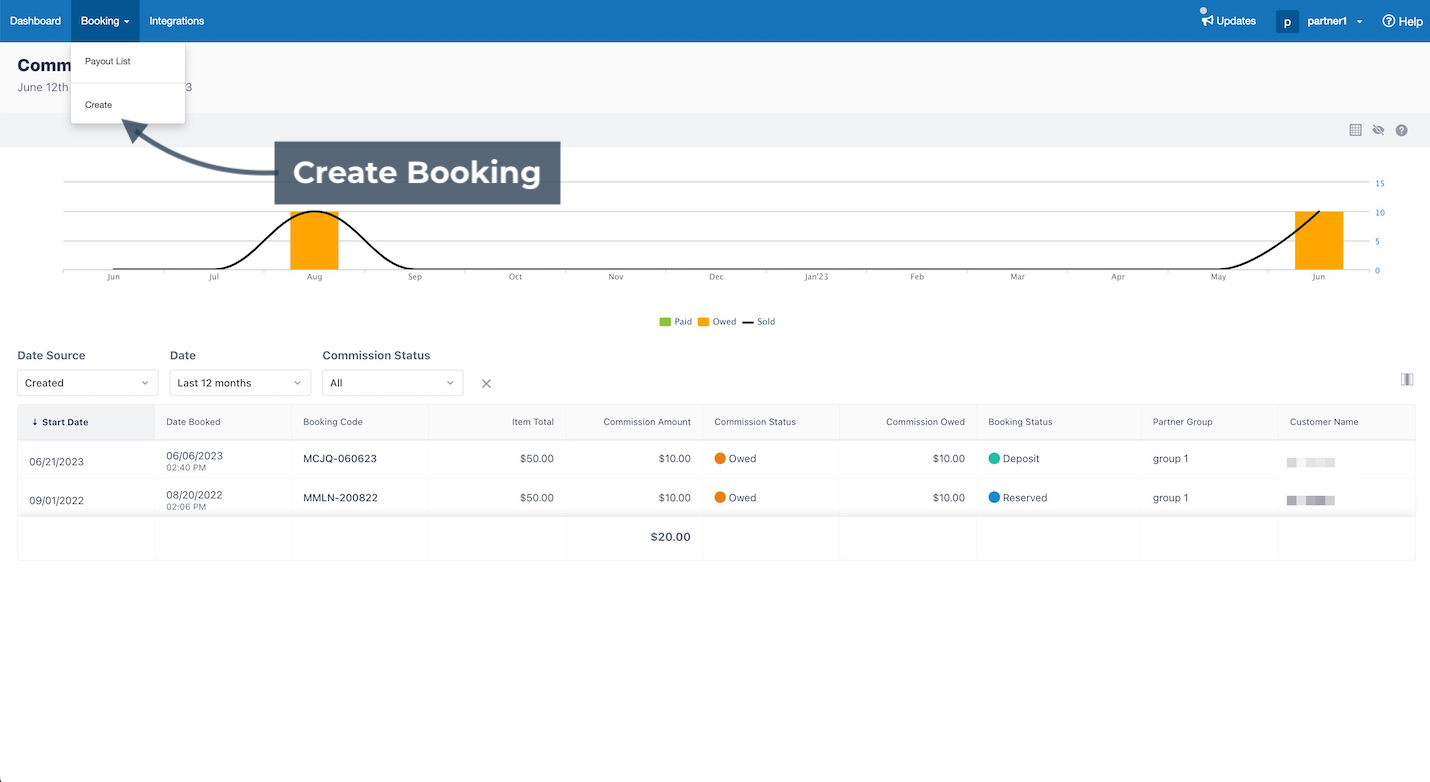 Commission report page with a dropdown menu showing the option to create a booking under the Booking tab.