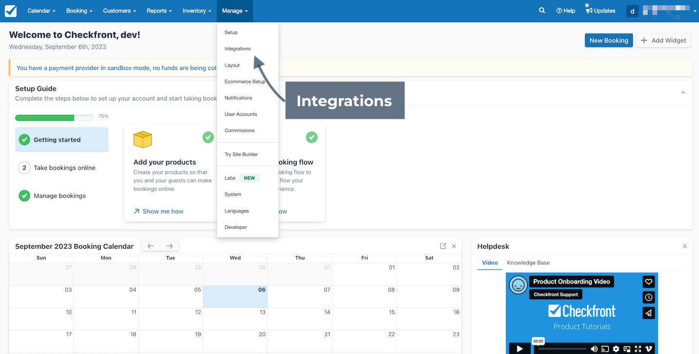 Dashboard with Manage menu expanded, showing Integrations option highlighted.