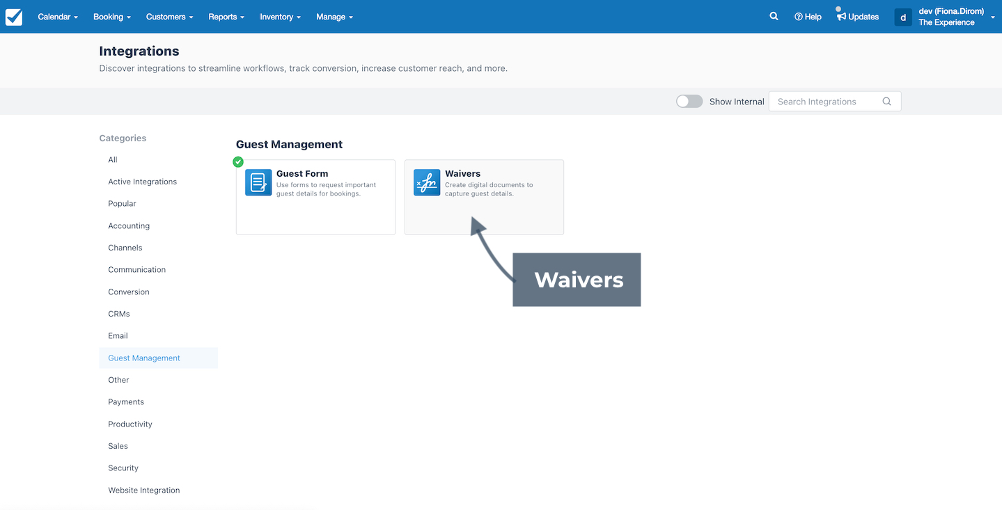 Integrations page displaying Guest Management options, with Waivers highlighted.