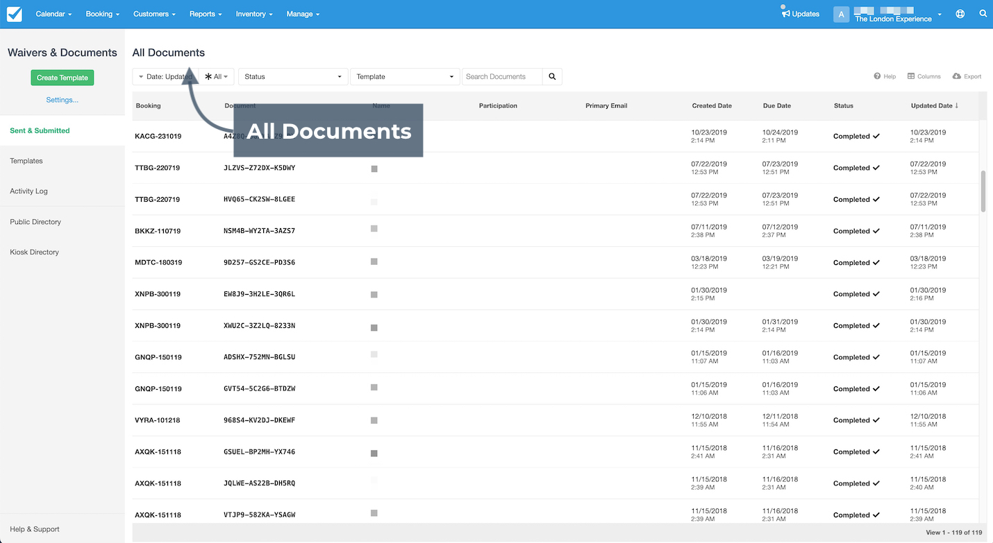 Waivers and Documents section showing a list of all documents, with filter and status options.