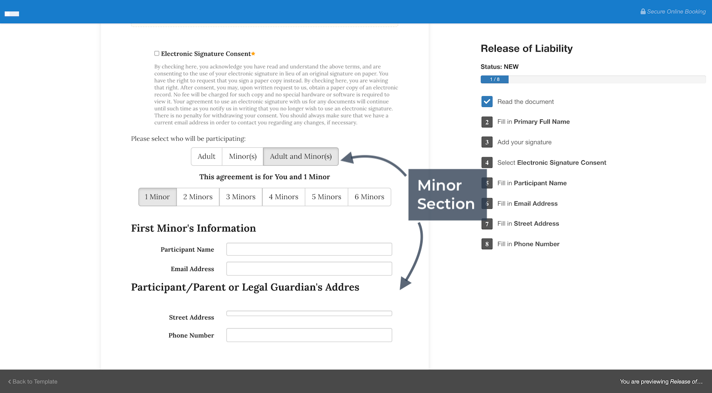 Preview of waiver form with Minor Section highlighted, for entering minor participant details.