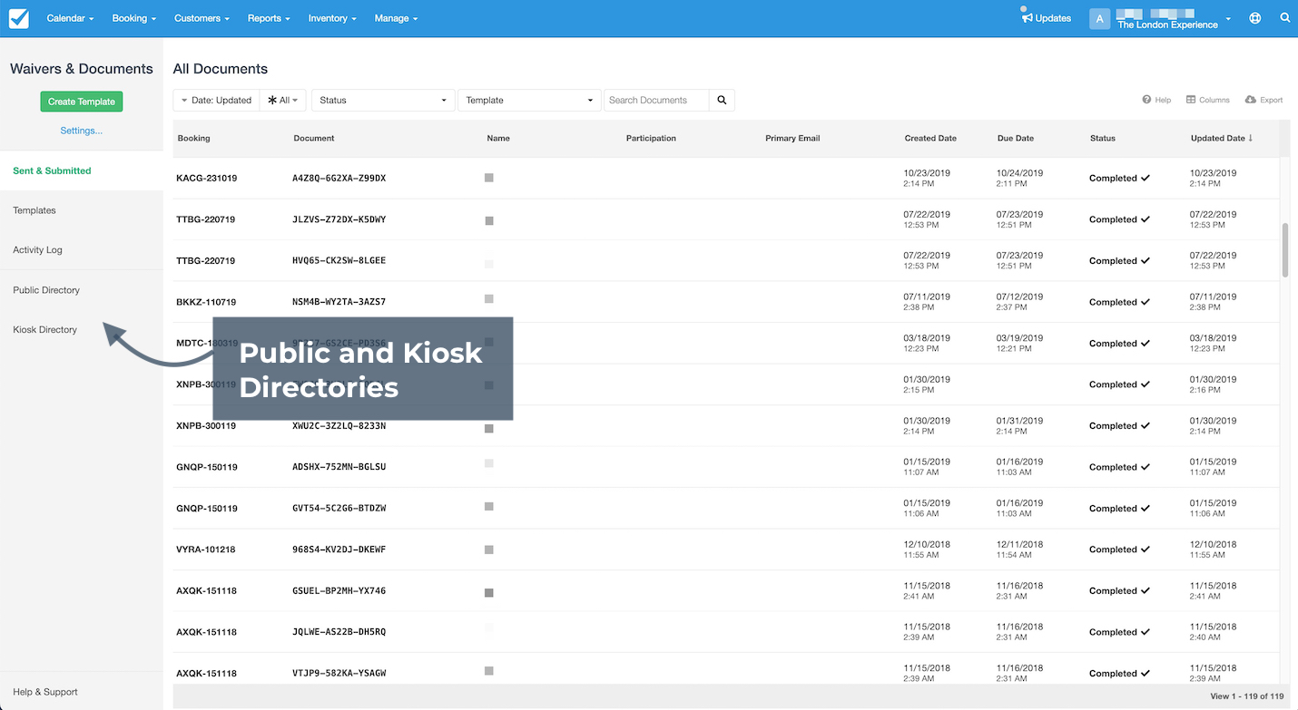 Waivers and Documents page highlighting Public and Kiosk directories in the left menu.
