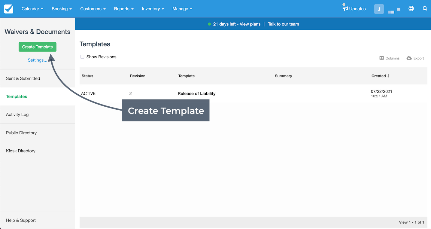 Waivers and Documents page with Templates tab active, and Create Template button highlighted.