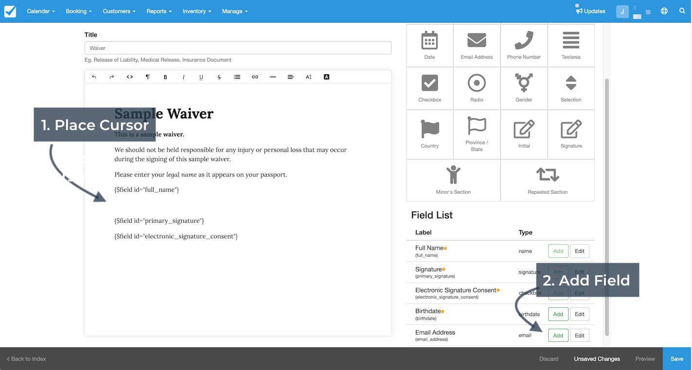 Waiver template editor showing a sample waiver, with Place Cursor and Add Field instructions.