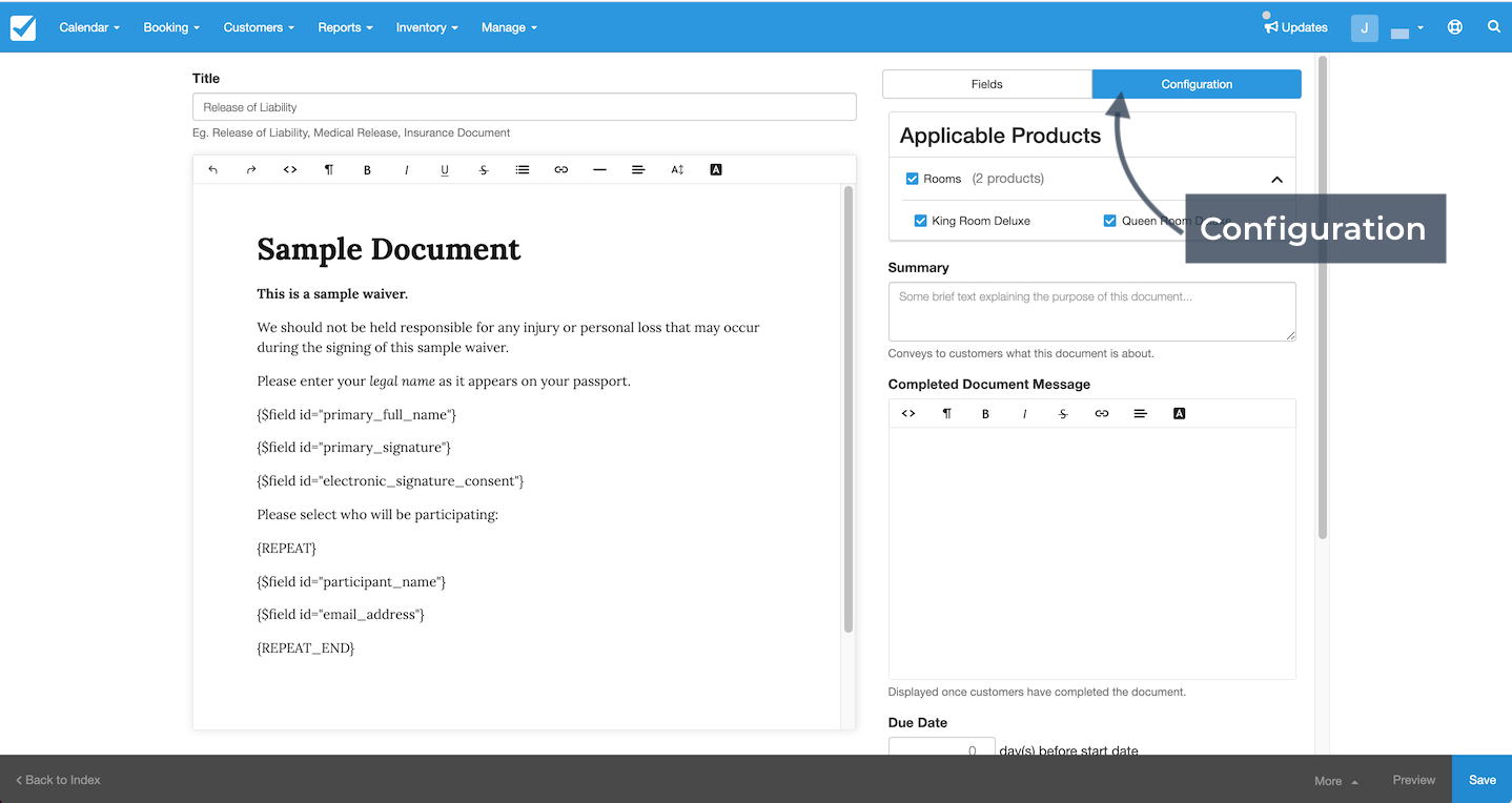 Waiver template editor with Configuration tab selected, to set applicable products and messages.