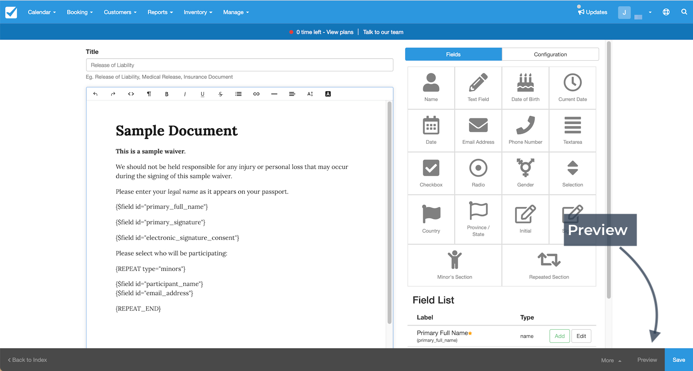 Waiver template editor with Fields tab active, and Preview button highlighted.