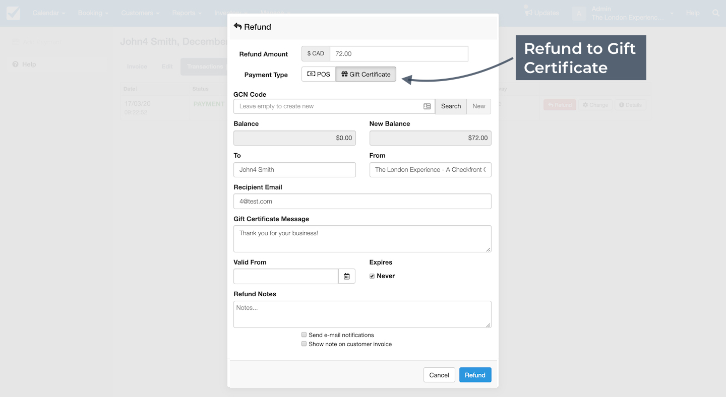Refund form with fields for processing a refund to a gift certificate including refund amount, recipient details, email, gift certificate message, validity dates, and refund notes.
