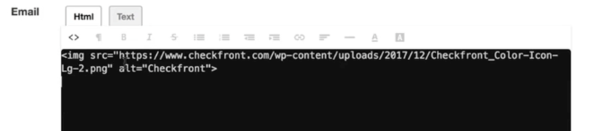 HTML email editor showing an image tag with a source URL for the Checkfront logo and an alt attribute labeled Checkfront.