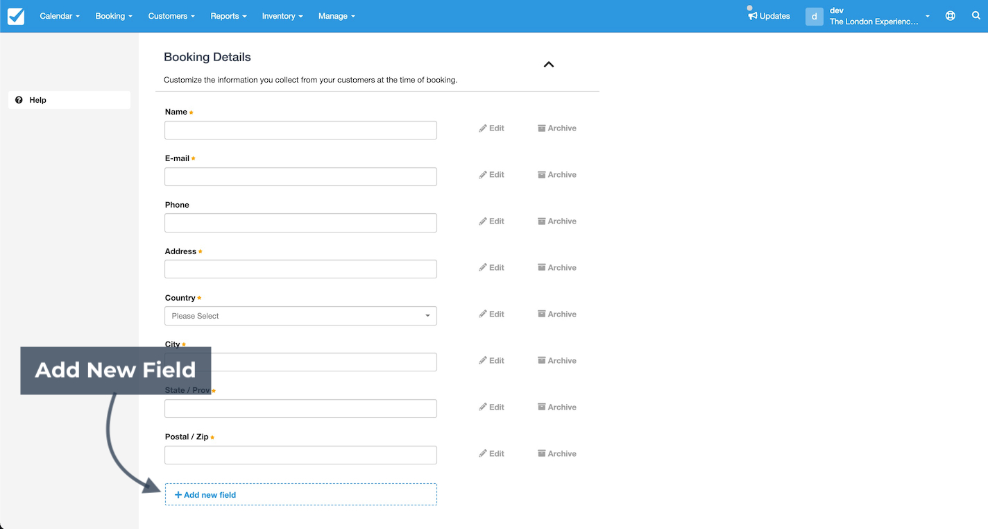 Booking details form with an arrow pointing to the option for adding a new field.