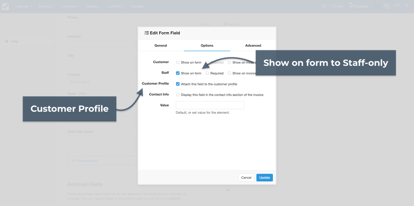 Edit form field window with options selected for attaching to customer profile and restricting to staff-only.