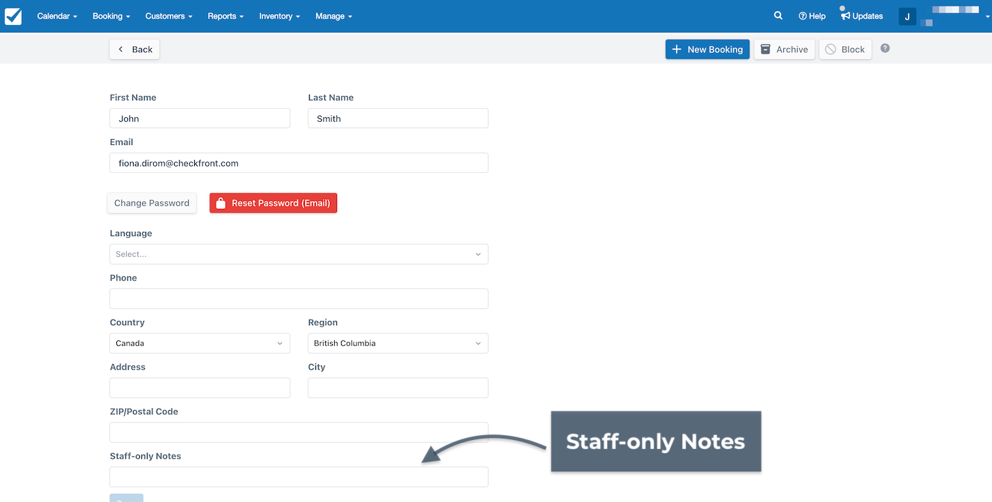 Customer profile form displaying personal information fields with staff-only notes at the bottom.