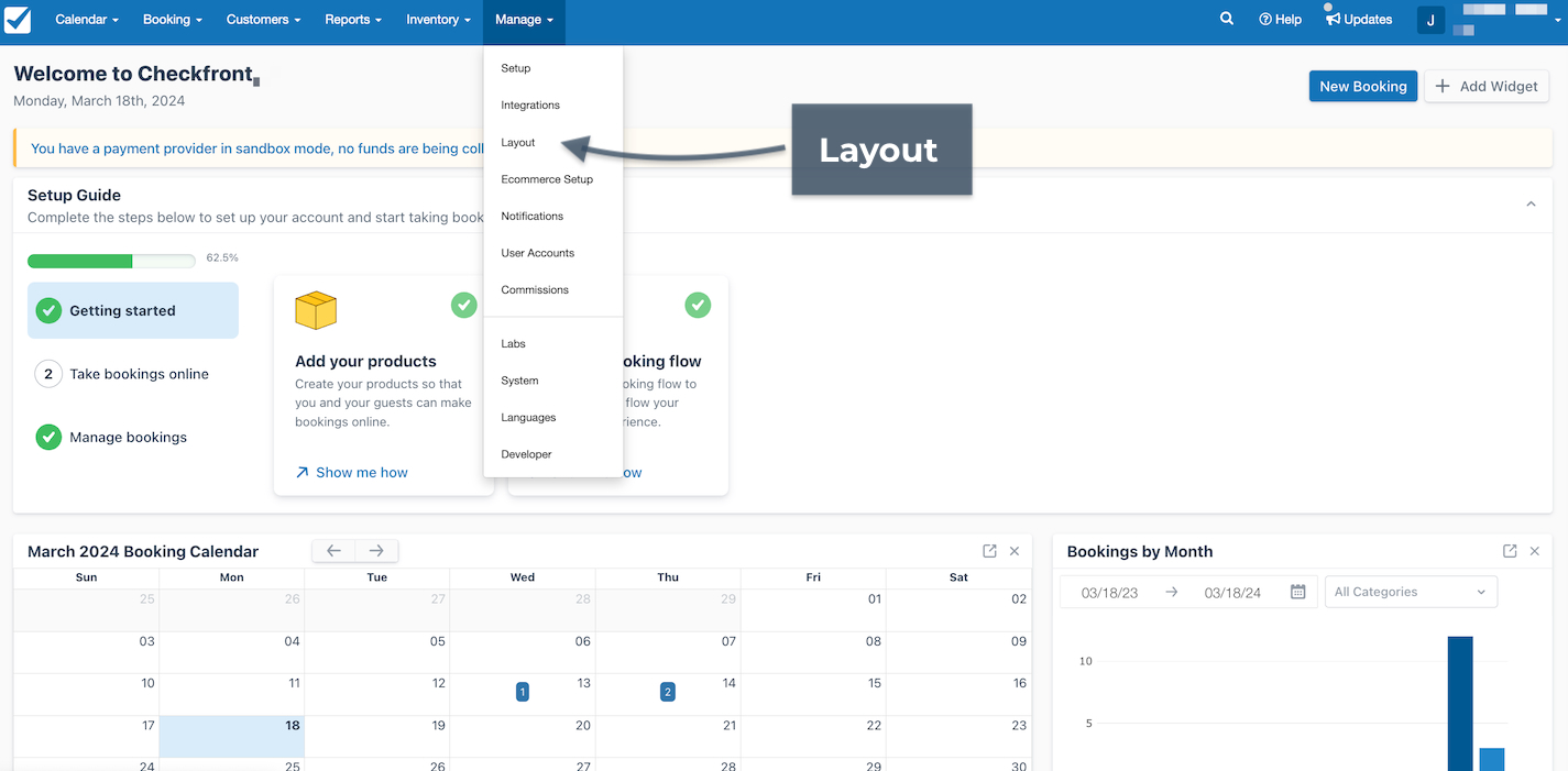Checkfront dashboard showing the Manage menu with the Layout option highlighted.