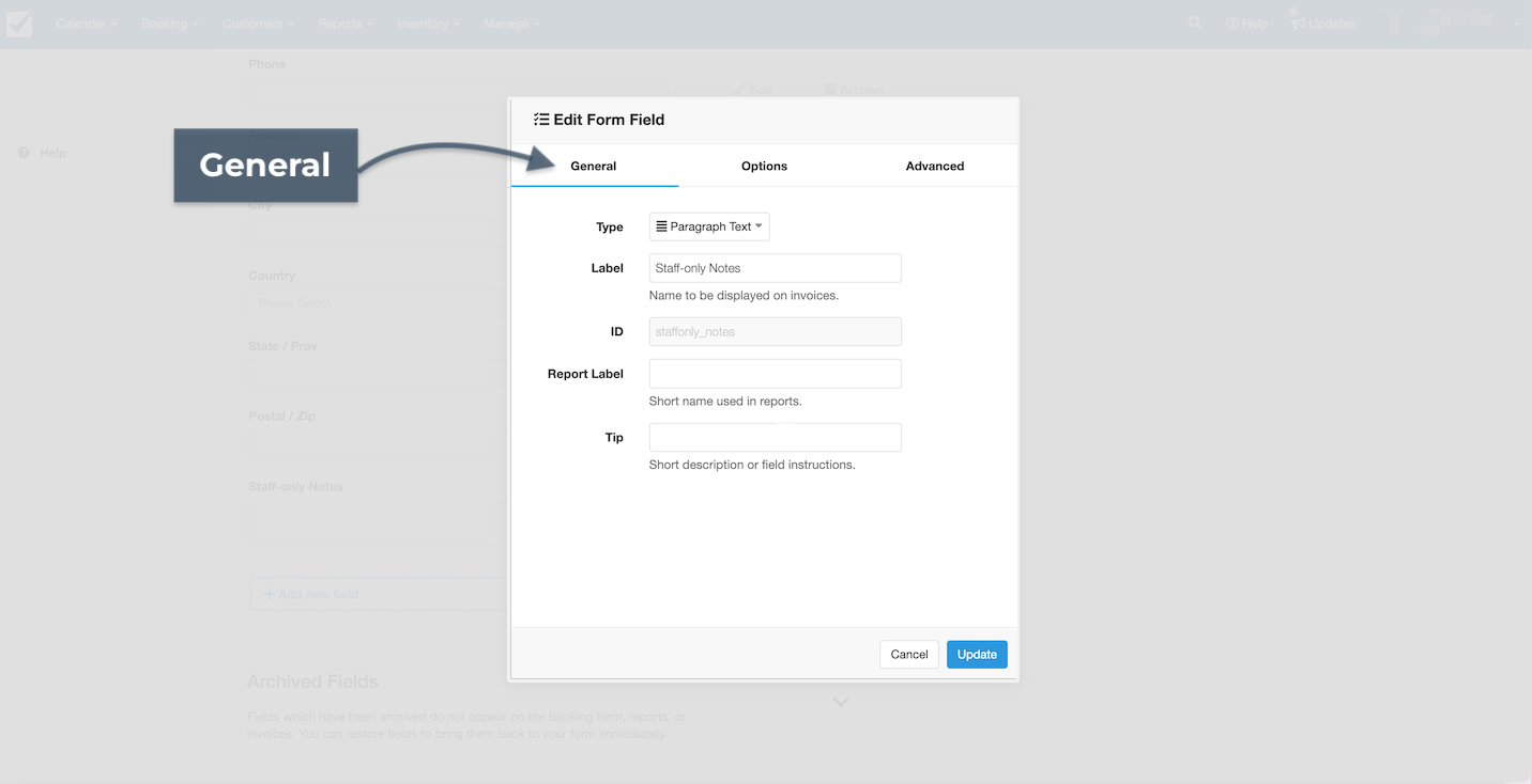 Edit form field window open on the General tab showing label, ID, report label, and tip fields.