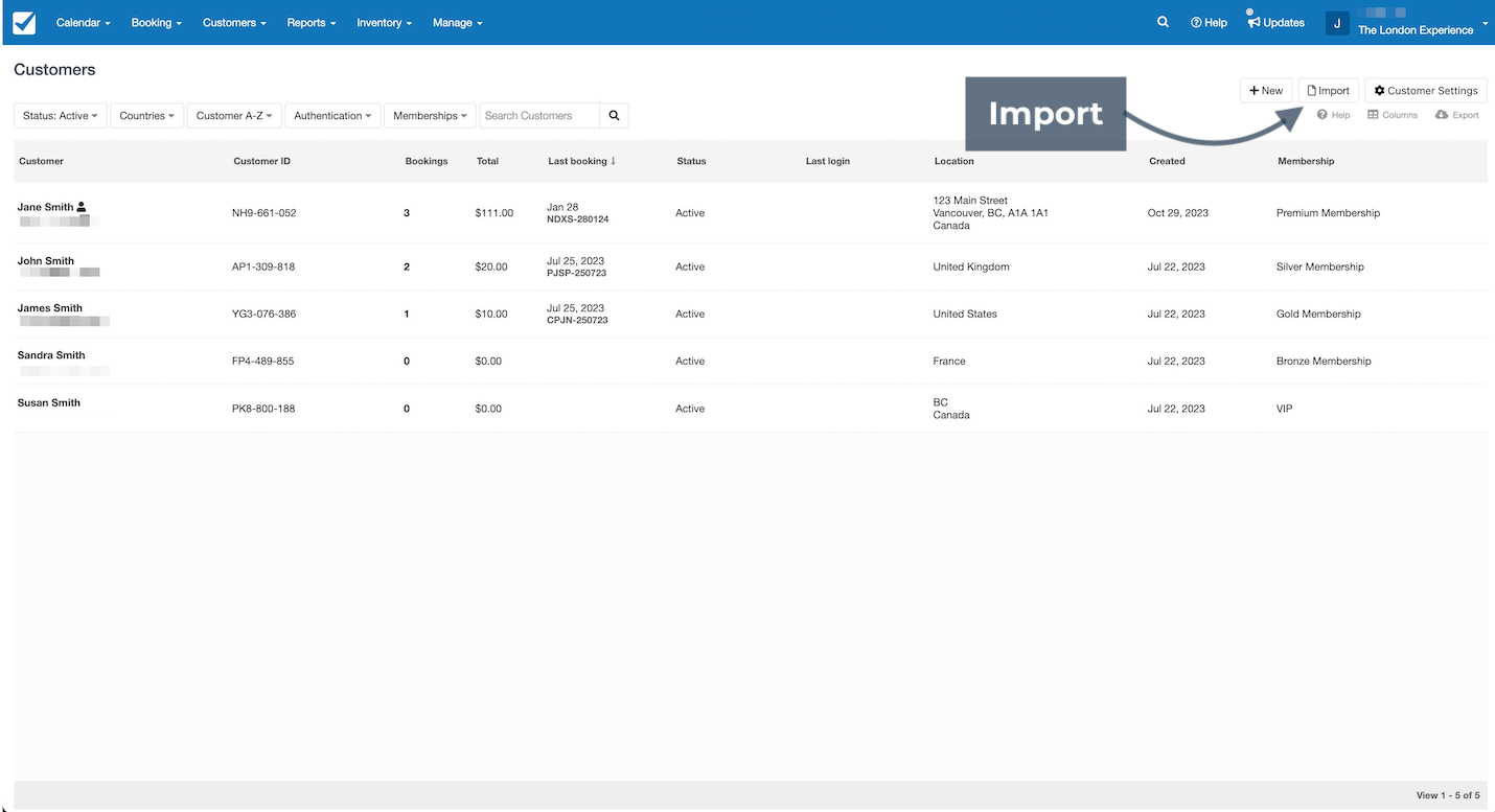 The Customers page highlights the Import button used to upload customer data into the system.