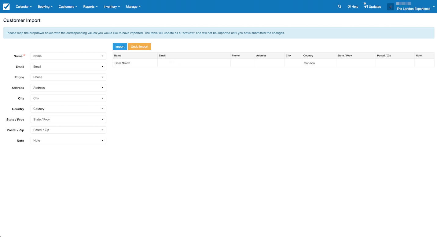 The Customer Import page shows mapping options for matching CSV columns to system fields with a preview of customer data.