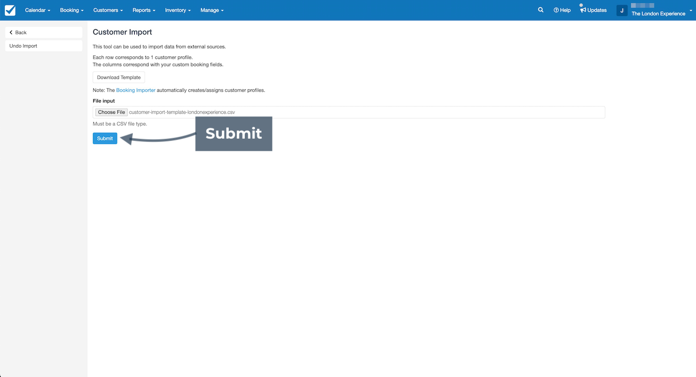 The Customer Import page highlights the Submit button used to upload the completed customer import CSV file.