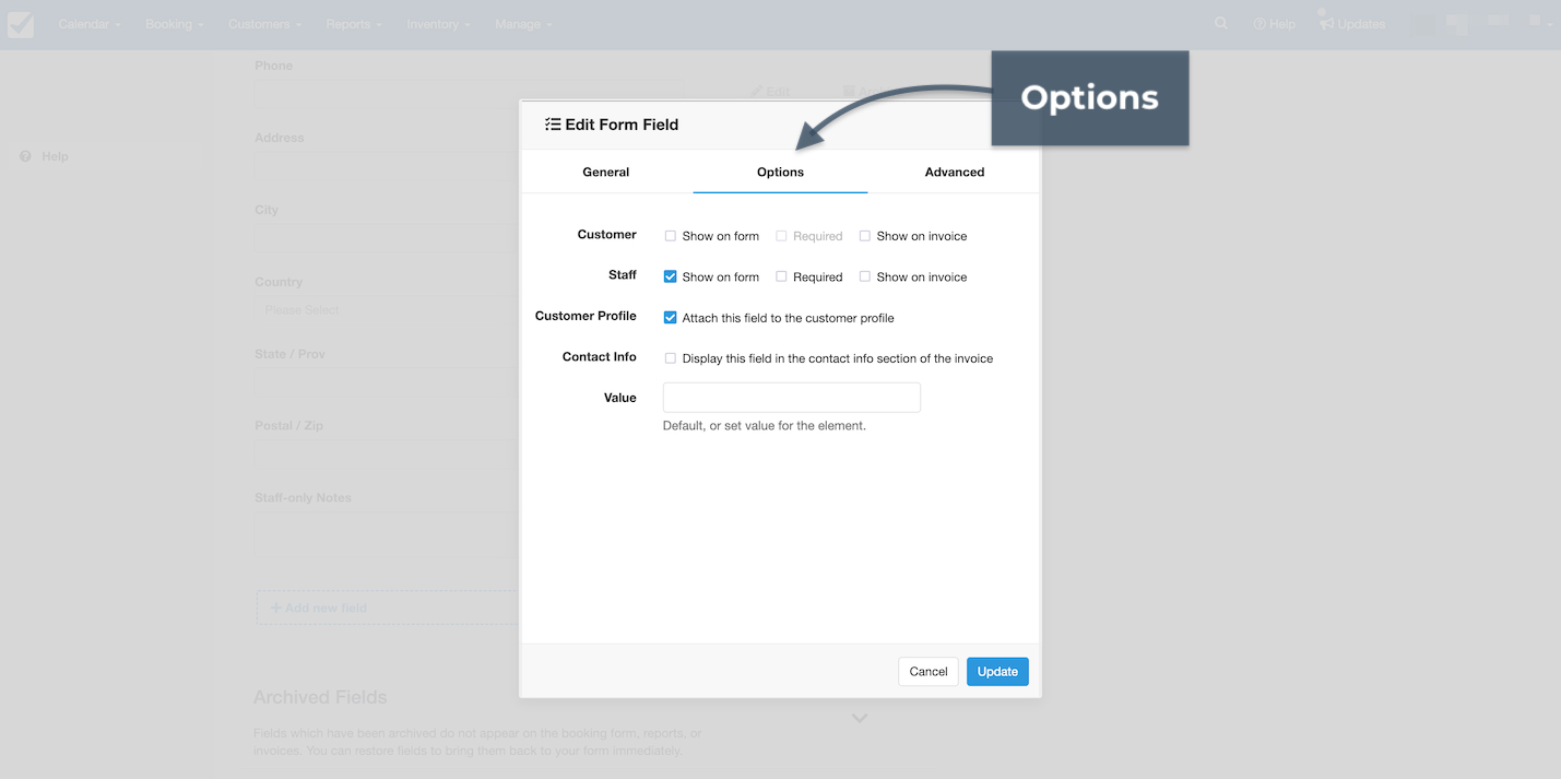Edit form field window open on the Options tab with settings for customer, staff, and profile visibility.