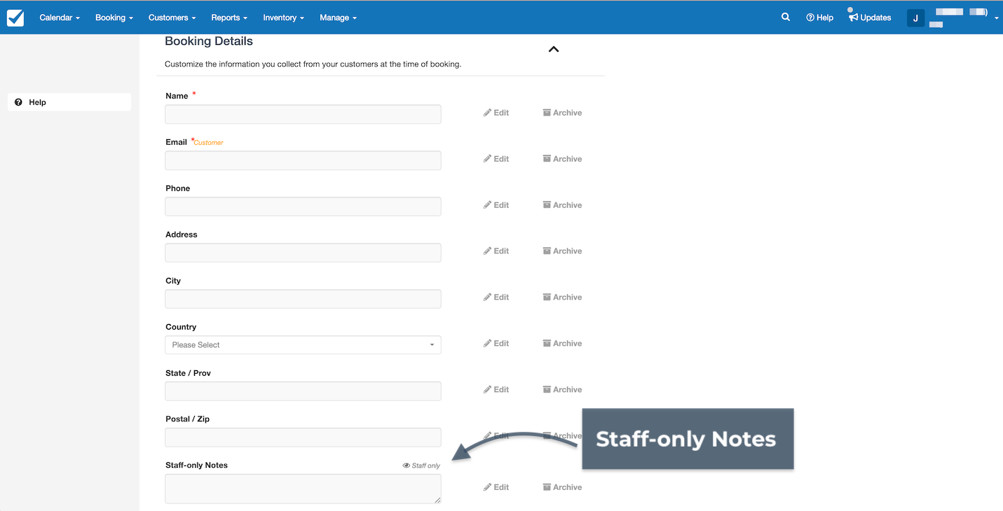 Booking details page highlighting the staff-only notes field for internal use.