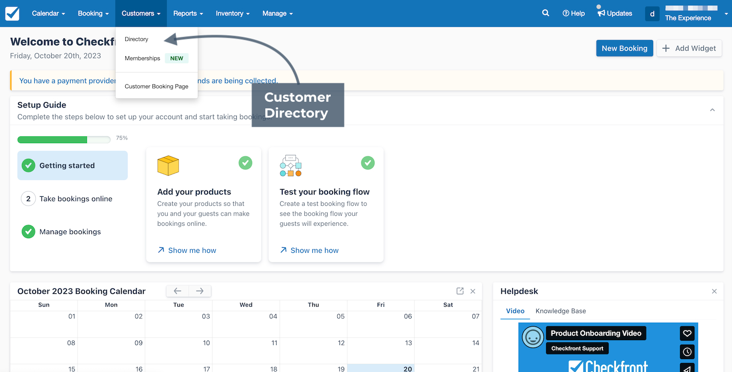 The Checkfront dashboard highlights the Customer Directory menu option under the Customers tab to access the customer list.
