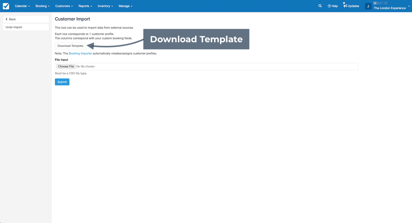 The Customer Import page highlights the Download Template button used to obtain a CSV template for importing customer data.