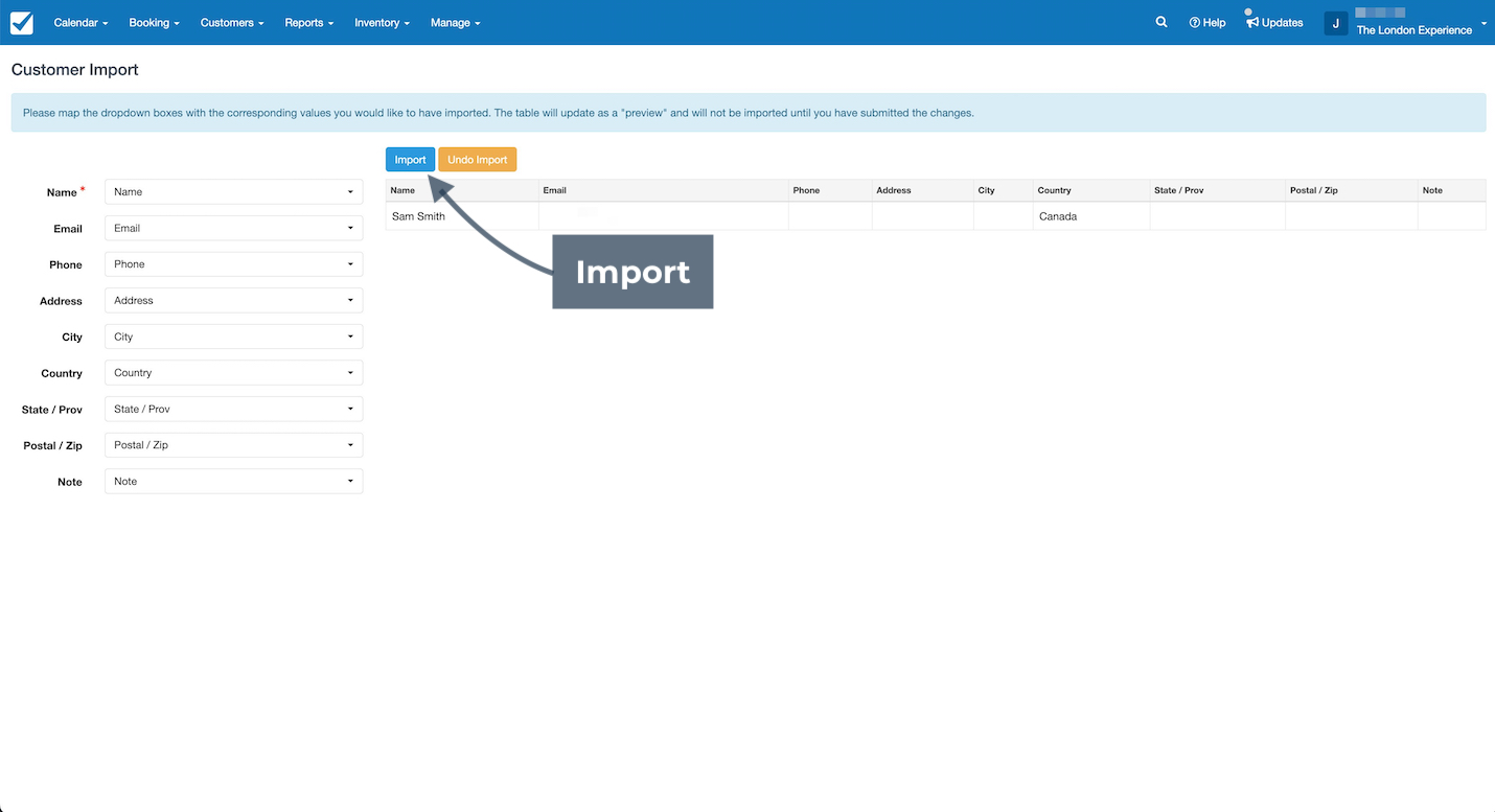 The Customer Import page highlights the Import button used to confirm and start importing customer records.