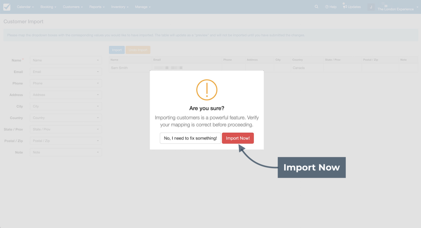 A confirmation dialog appears with a highlighted Import Now button prompting the user to proceed with the import process.