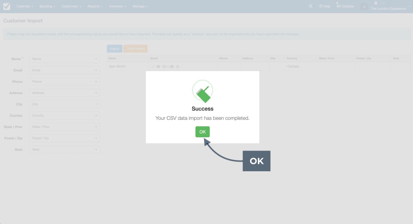 A success message appears confirming that the CSV data import has been completed, highlighting the OK button.