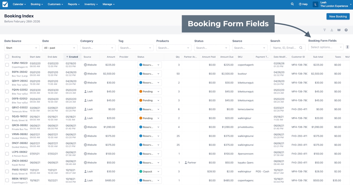 Booking Index page highlighting Booking Form Fields filter dropdown in the top right above the bookings table.