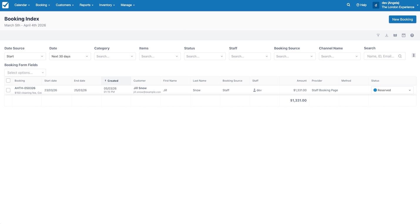Booking Index screen displaying a single paid booking for Mountain Bikes with filters for date range, category, and source.