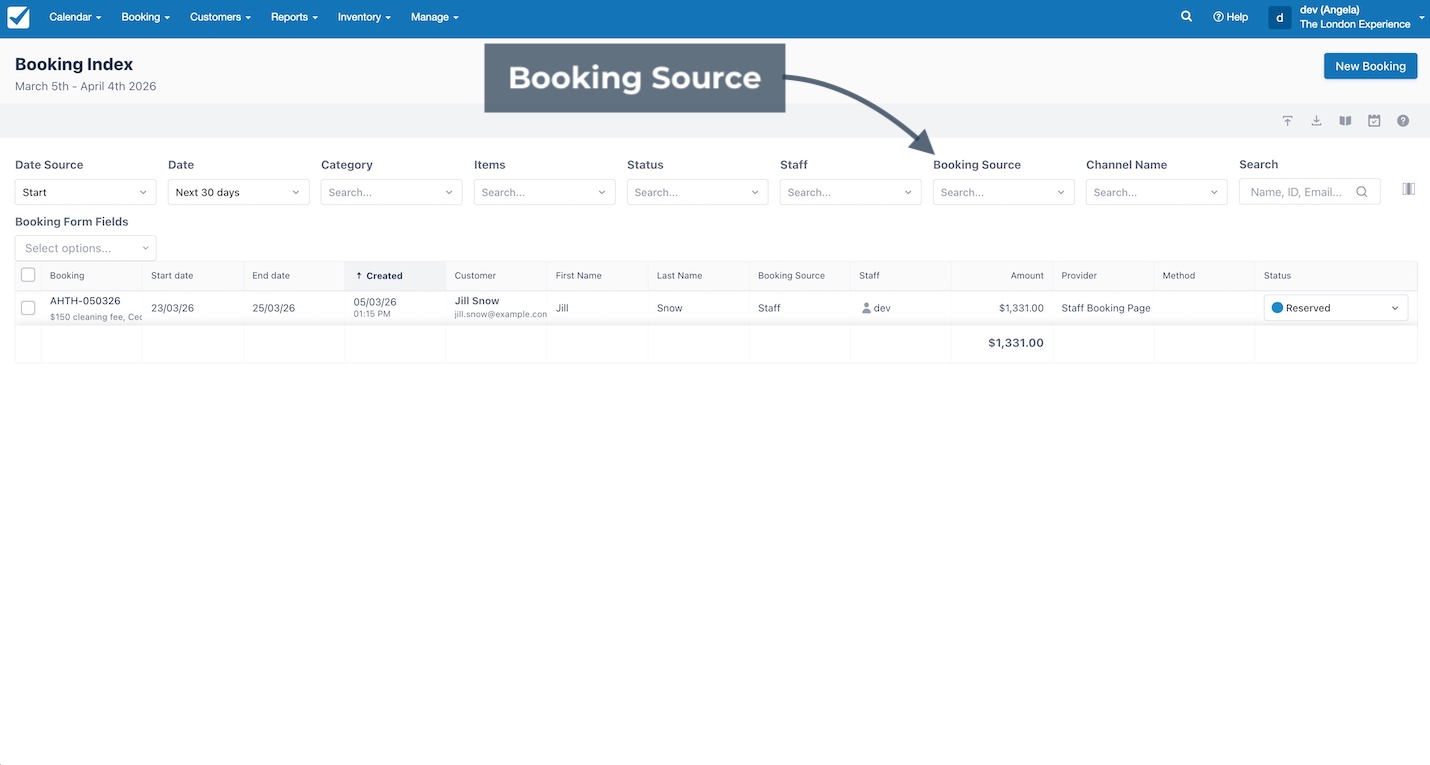 Booking Index dashboard with the Search bar highlighted to locate bookings by name, ID, or email.
