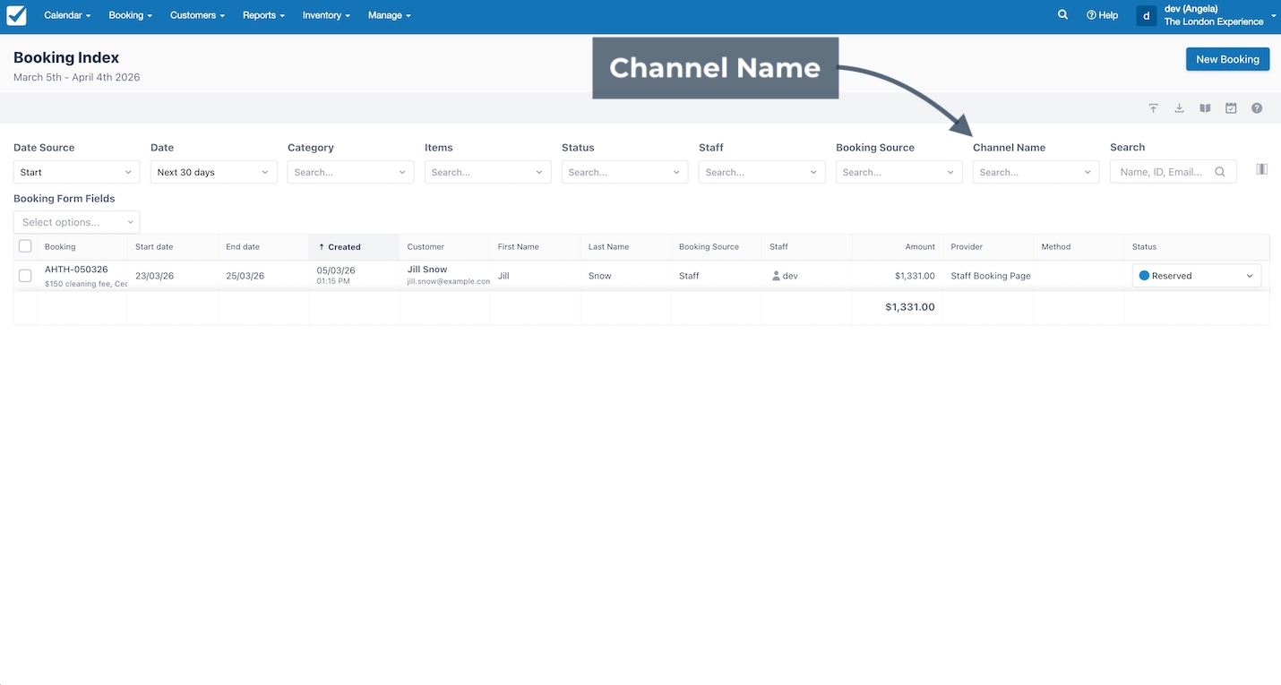 Booking Index page highlighting Channel Name filter in the bookings table filter bar.