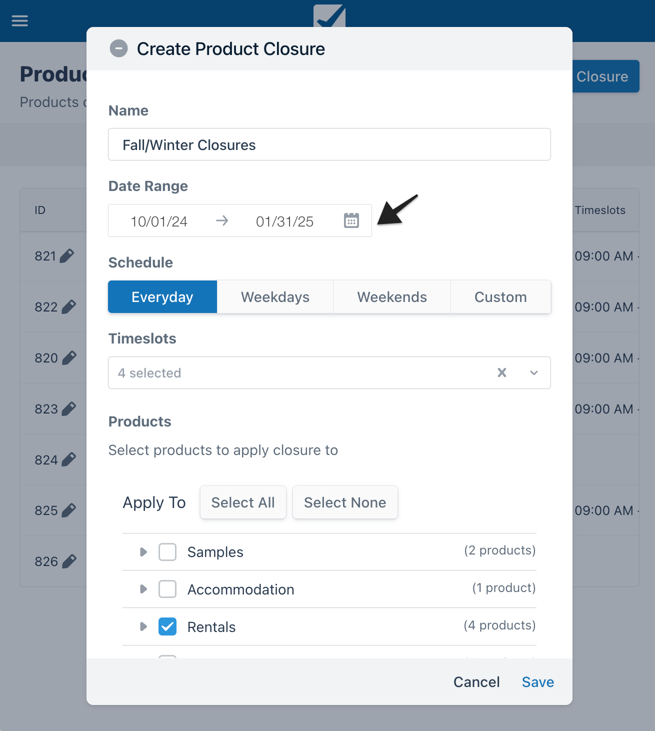 Create Product Closure window with the Date Range field highlighted for selecting start and end dates.