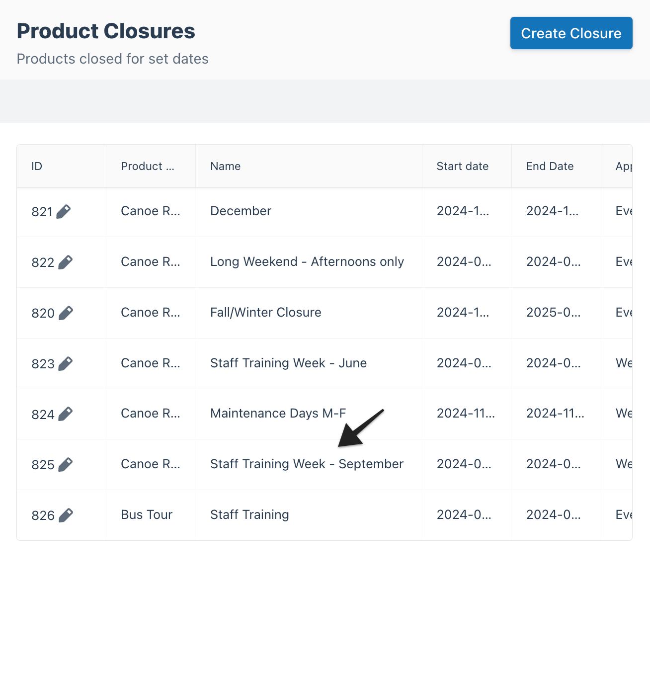 Product Closures index page listing multiple closure events, including 