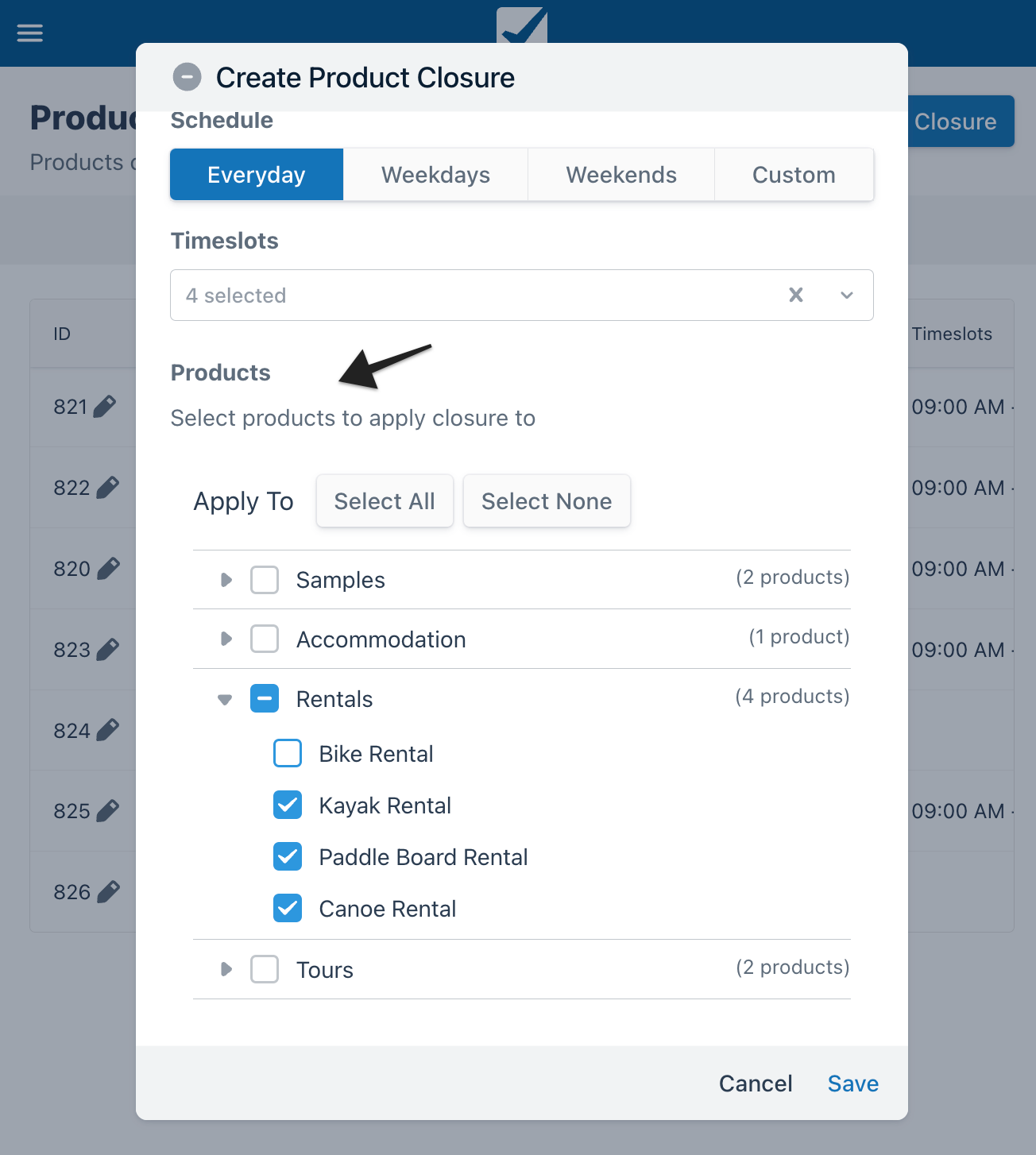 Create Product Closure window showing the Products section with options to select categories and rentals, including Bike Rental, Kayak Rental, Paddle Board Rental, and Canoe Rental.