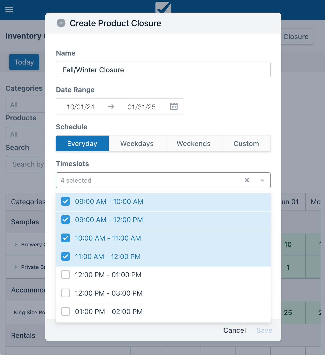 Create Product Closure modal for Fall/Winter Closure with Everyday schedule selected and timeslots checked.
