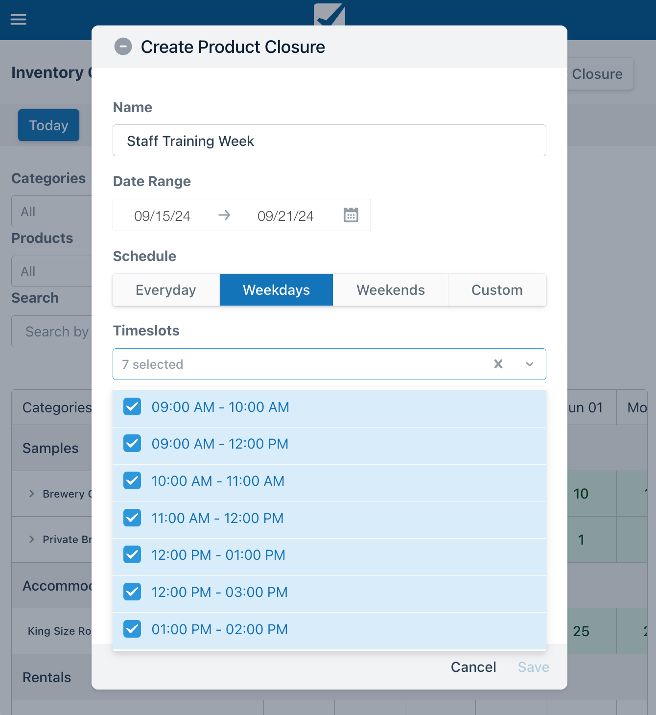 Create Product Closure modal for Staff Training Week with Weekdays schedule selected and multiple timeslots checked.