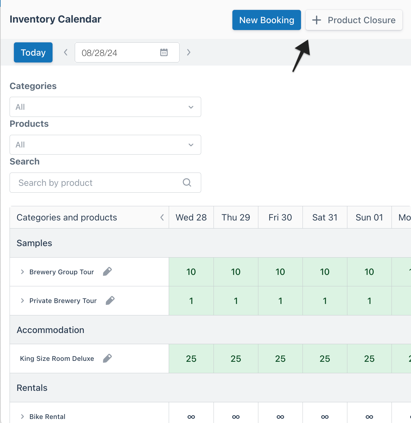 Inventory calendar view with arrow pointing to the Product Closure button next to New Booking.