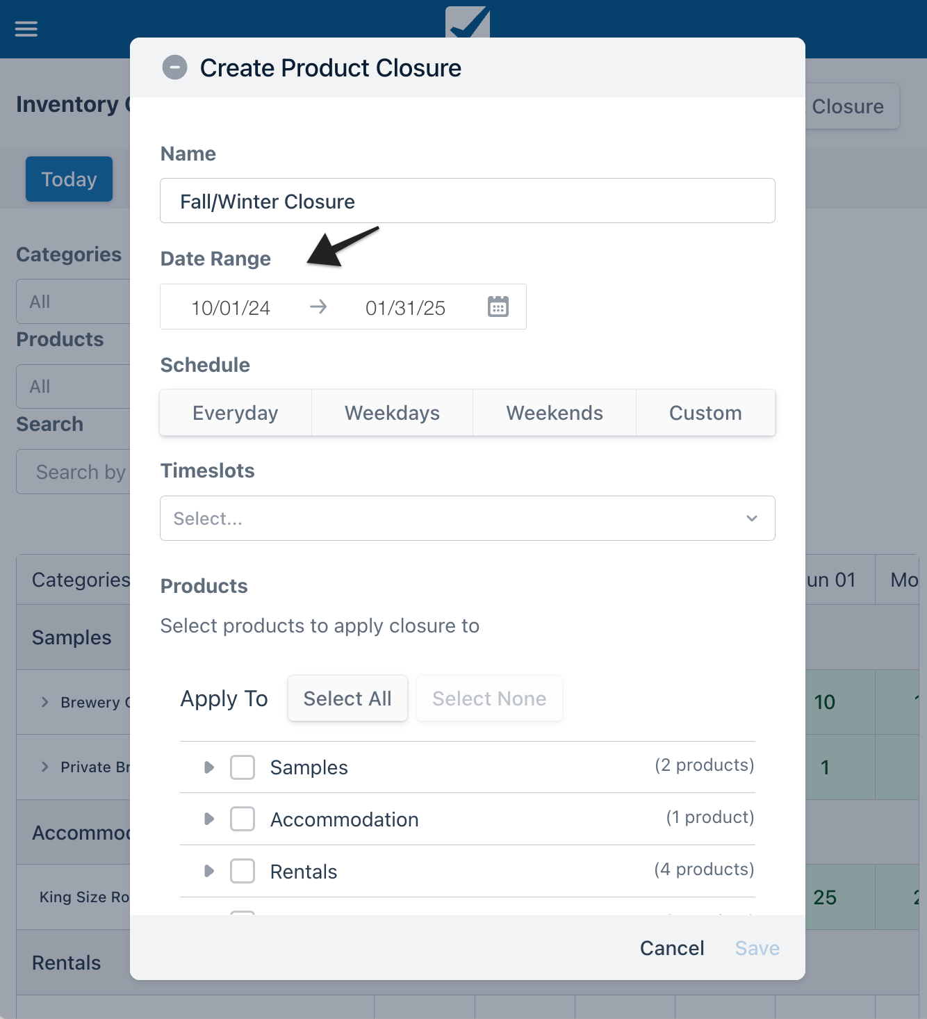 Create Product Closure modal with arrow pointing to the Date Range field.