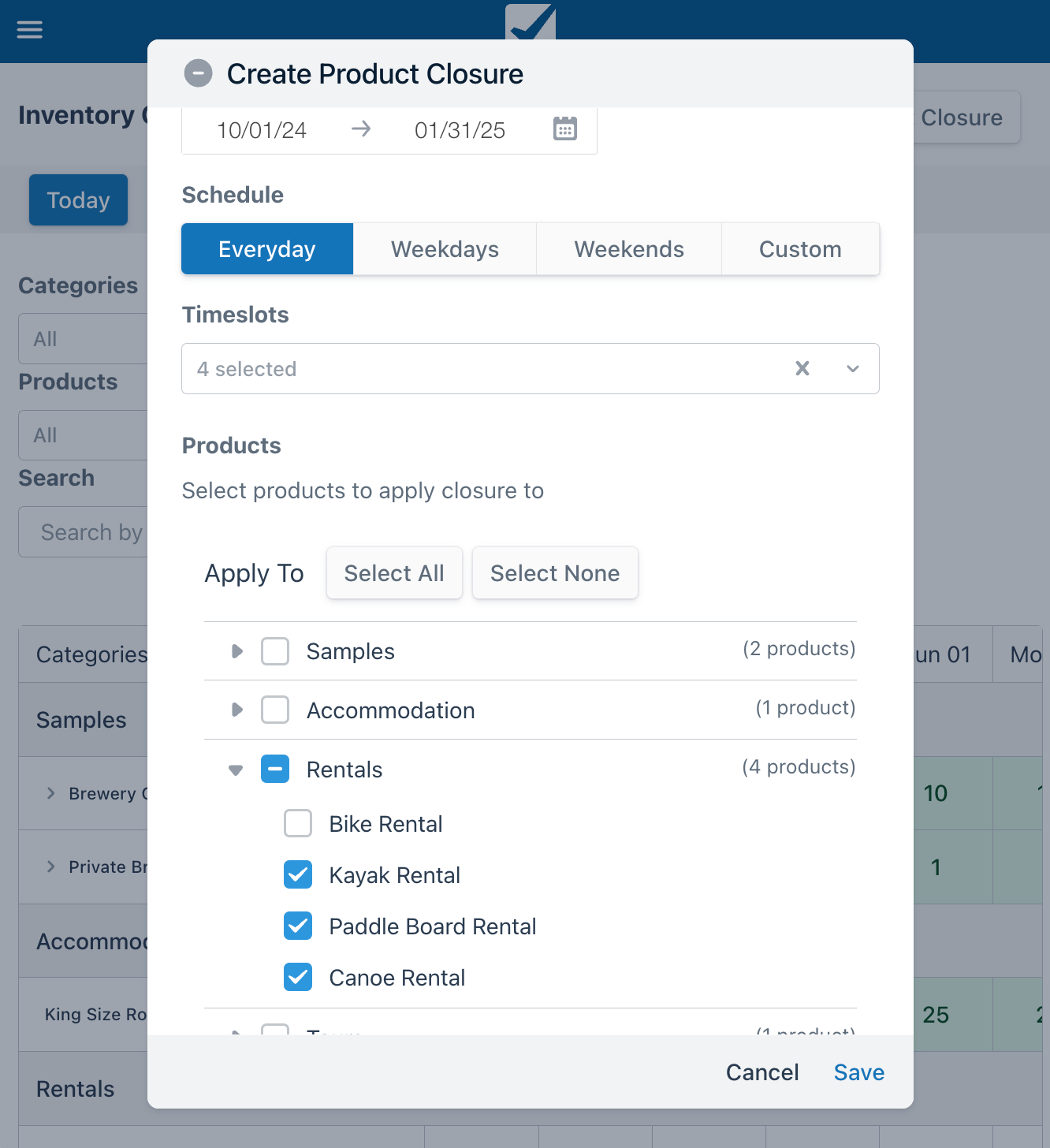 Create Product Closure modal showing products list with Rentals expanded and multiple rental types selected.