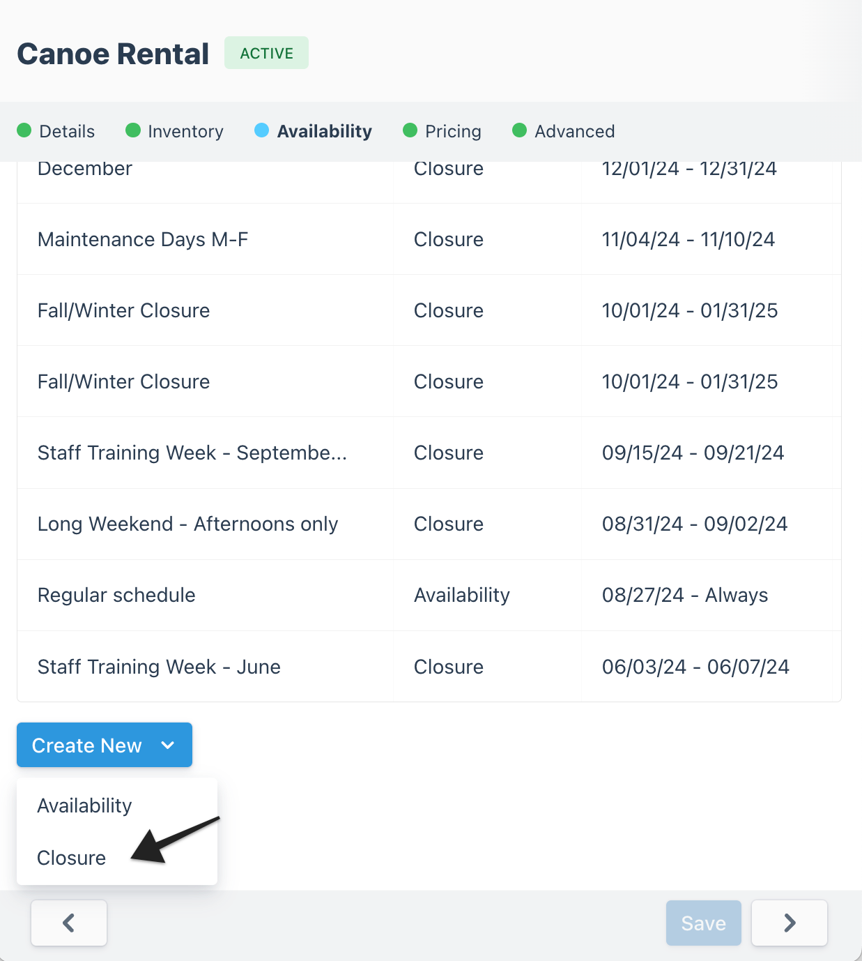 Availability tab for Canoe Rental showing event list with option to create a new closure.