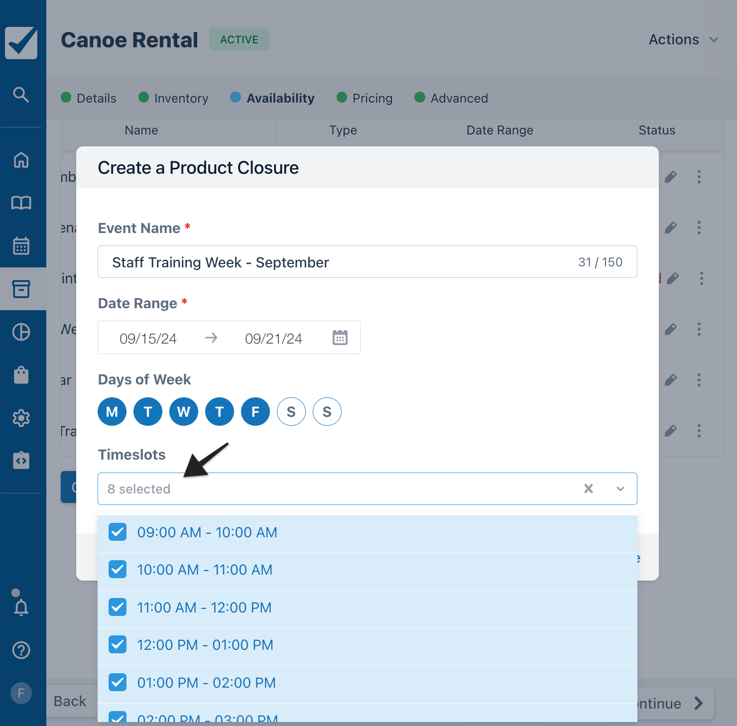 Create a Product Closure modal for Canoe Rental showing Staff Training Week - September event with selected weekdays and timeslots.