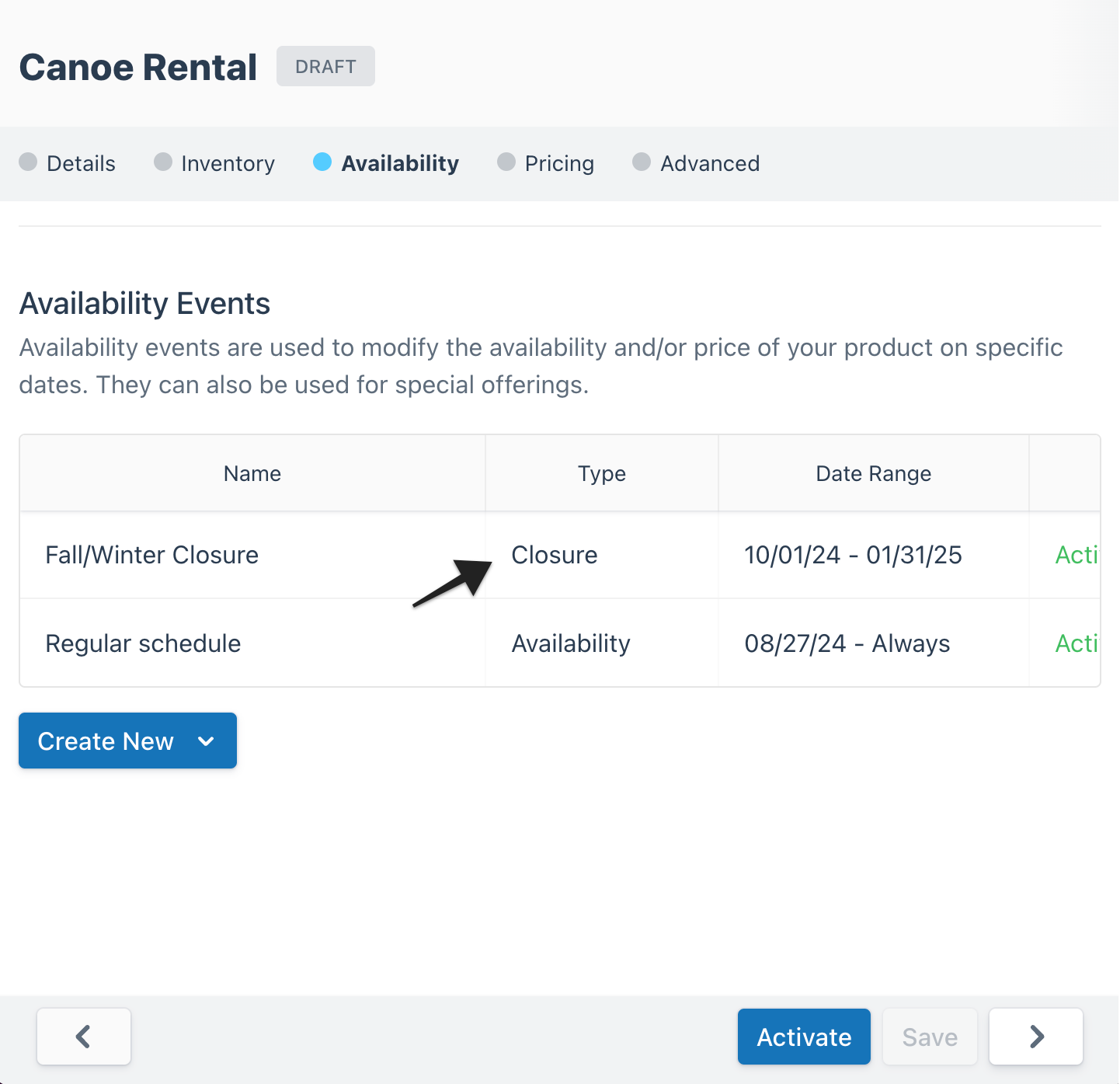 Availability events list in draft Canoe Rental with Fall/Winter Closure and Regular schedule.